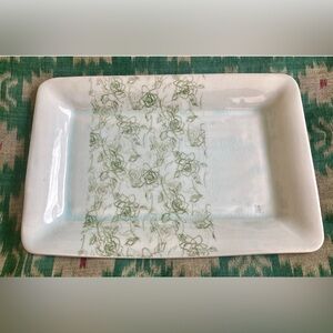 Vintage Blue Glazed Ceramic Floral Plate 13” Rectangular Serving Blue Pottery